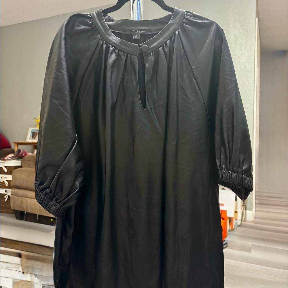 Marc New York Black Faux Leather Gathered Blouse